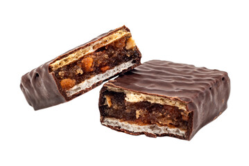 Chocolate bar with nougat on a white background. The bar is broken into two parts isolate