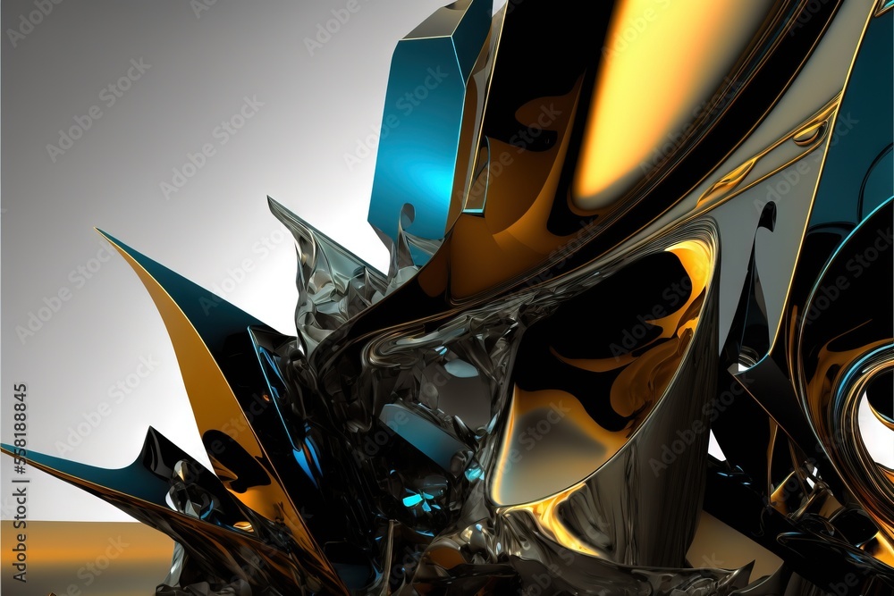 Poster an abstract image of a metal structure with gold, blue and black details on a gray background with a