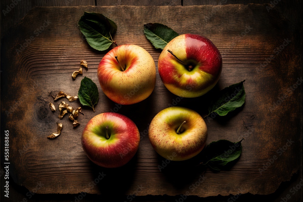 Aufkleber four apples on a wooden cutting board with leaves and nuts on the side of the cutting board and a fe