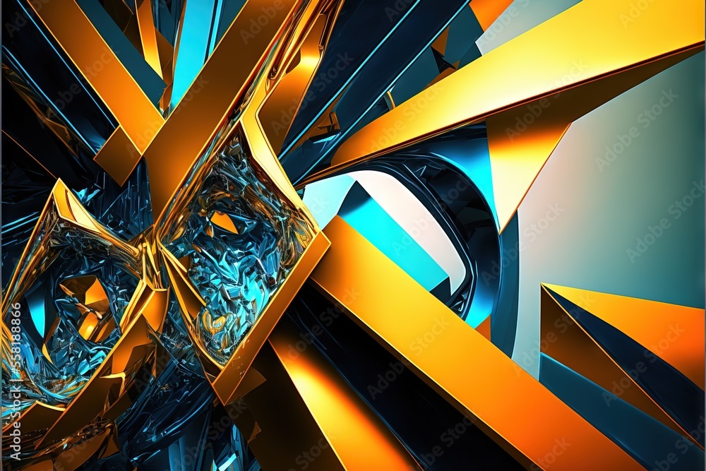 Poster a computer generated 3d rendering of a blue and orange abstract design the design is composed of var