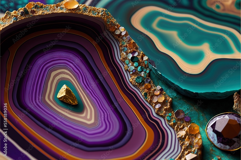 Poster a piece of art that looks like a rock with a gold heart on it and a diamond on top of it, sitting on