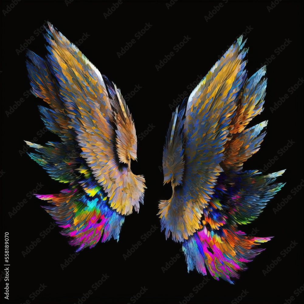 Poster a pair of colorful birds with wings spread out on a black background with a black background and a b