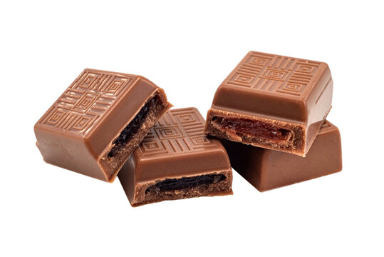 Pieces of chocolate with filling on a white background. Chocolate bar isolate
