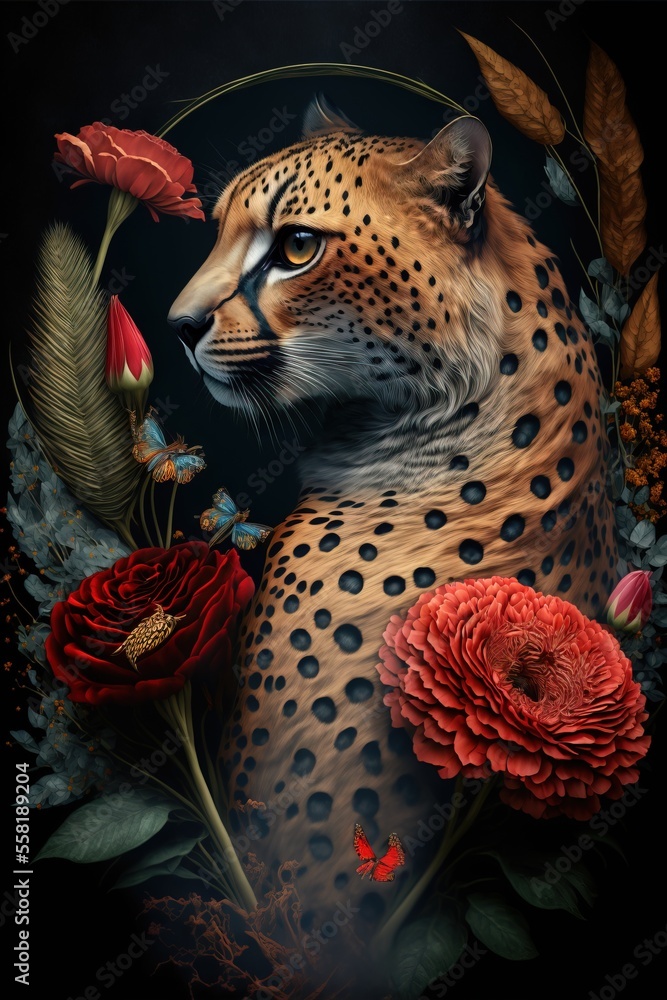 Poster a painting of a cheetah surrounded by flowers and leaves on a black background with a red rose in th