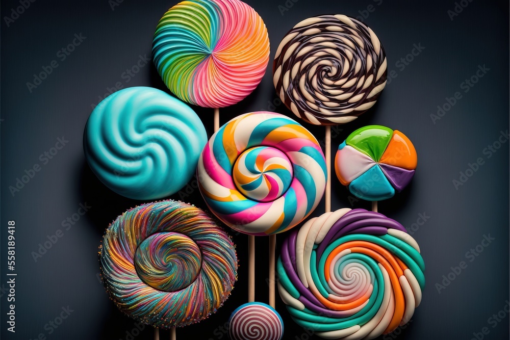 Aufkleber a group of lollipops sitting on top of each other on a stick in a dark room next to each other on a 