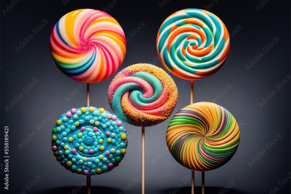 Aufkleber a group of lollipops sitting on top of each other on top of wooden sticks in front of a black backgr