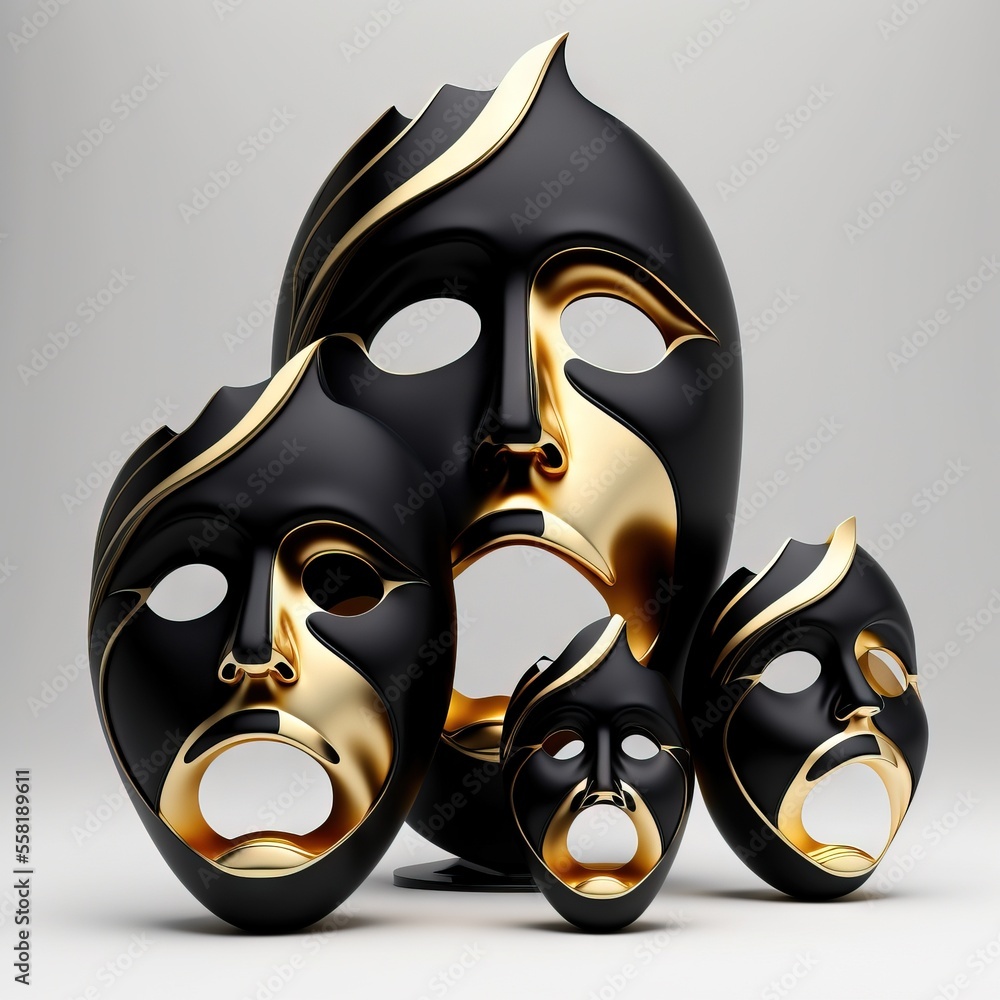 Poster a group of black and gold masks on a white background with a gray background and a white background 