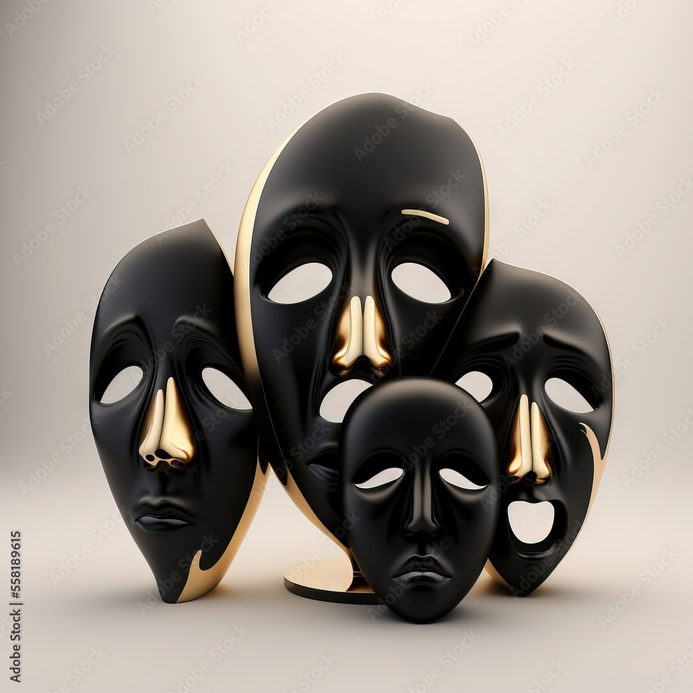 Poster a group of three black masks with gold eyes and nose shapes on a gray background with a white backgr