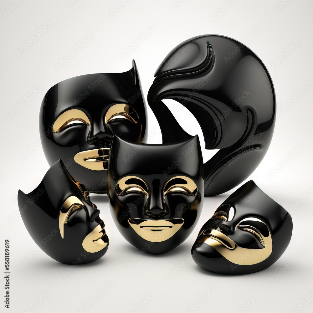 Poster a group of black and gold masks sitting next to each other on a white surface with a white backgroun
