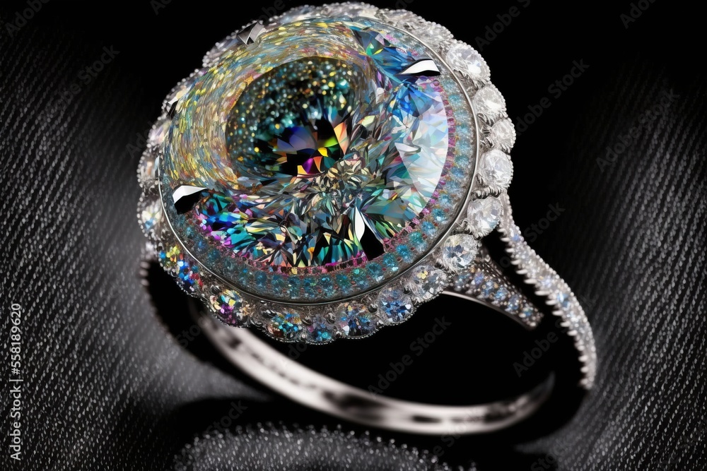 Aufkleber a fancy ring with a fancy center surrounded by multicolored stones and diamonds on a black backgroun
