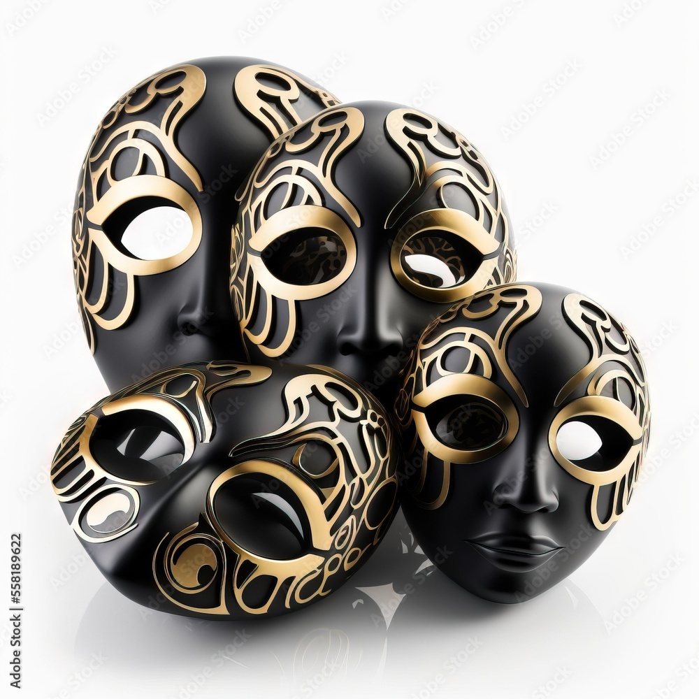 Poster a group of black and gold masks sitting on top of a white surface with a reflection of the face in t