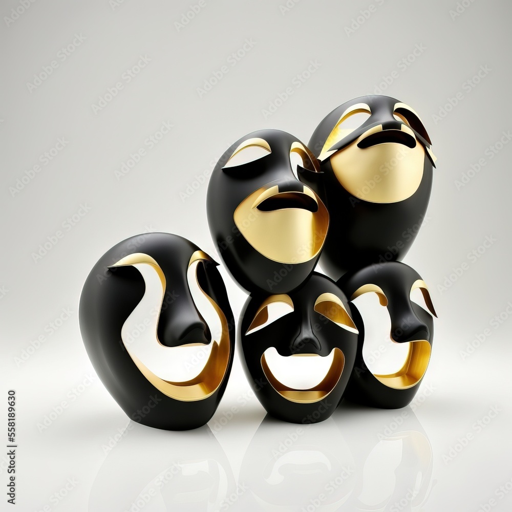 Poster a group of black and gold balls sitting next to each other on a white surface with a reflection on t