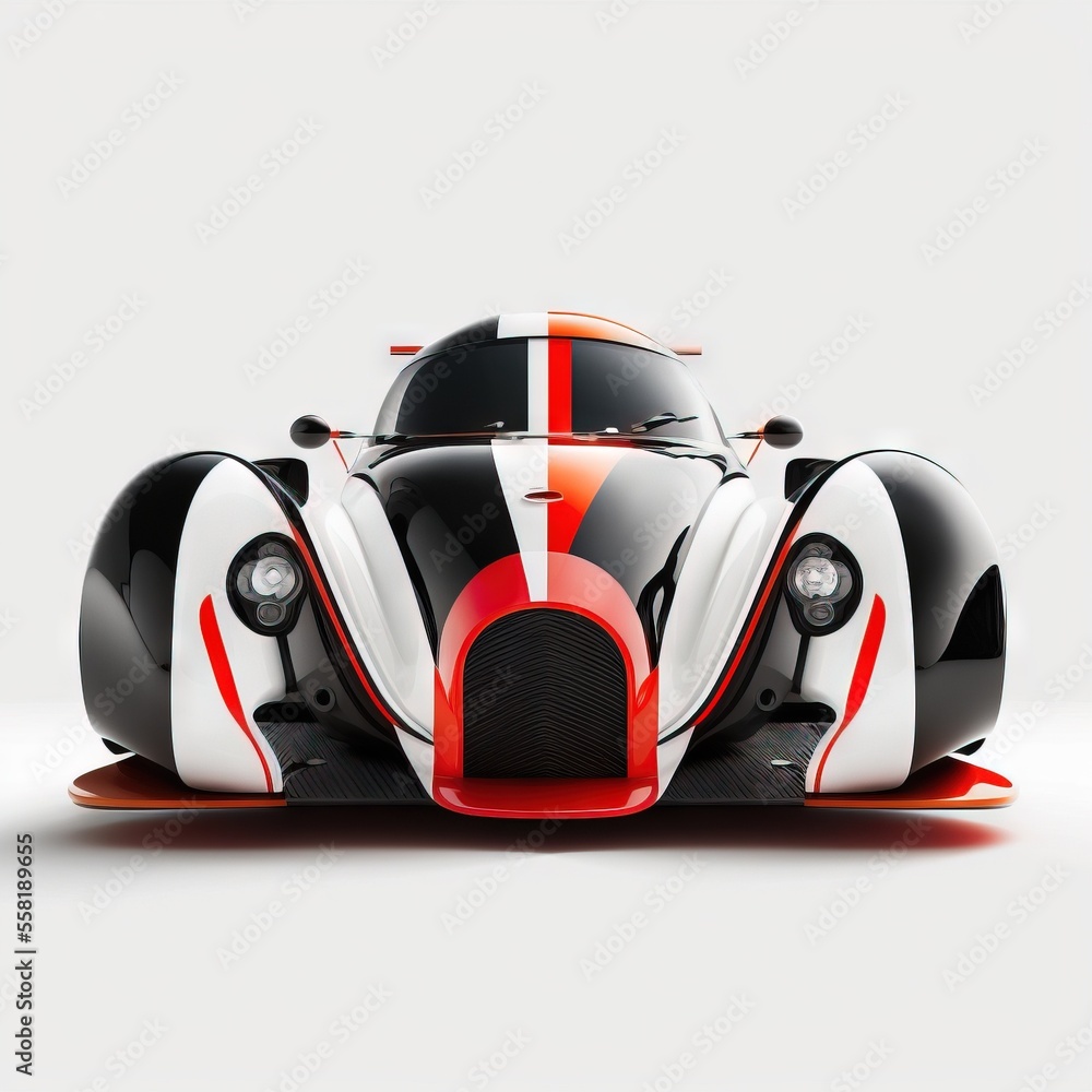 Poster a black and white car with a red stripe on the front of it's body and a red stripe on the side of th