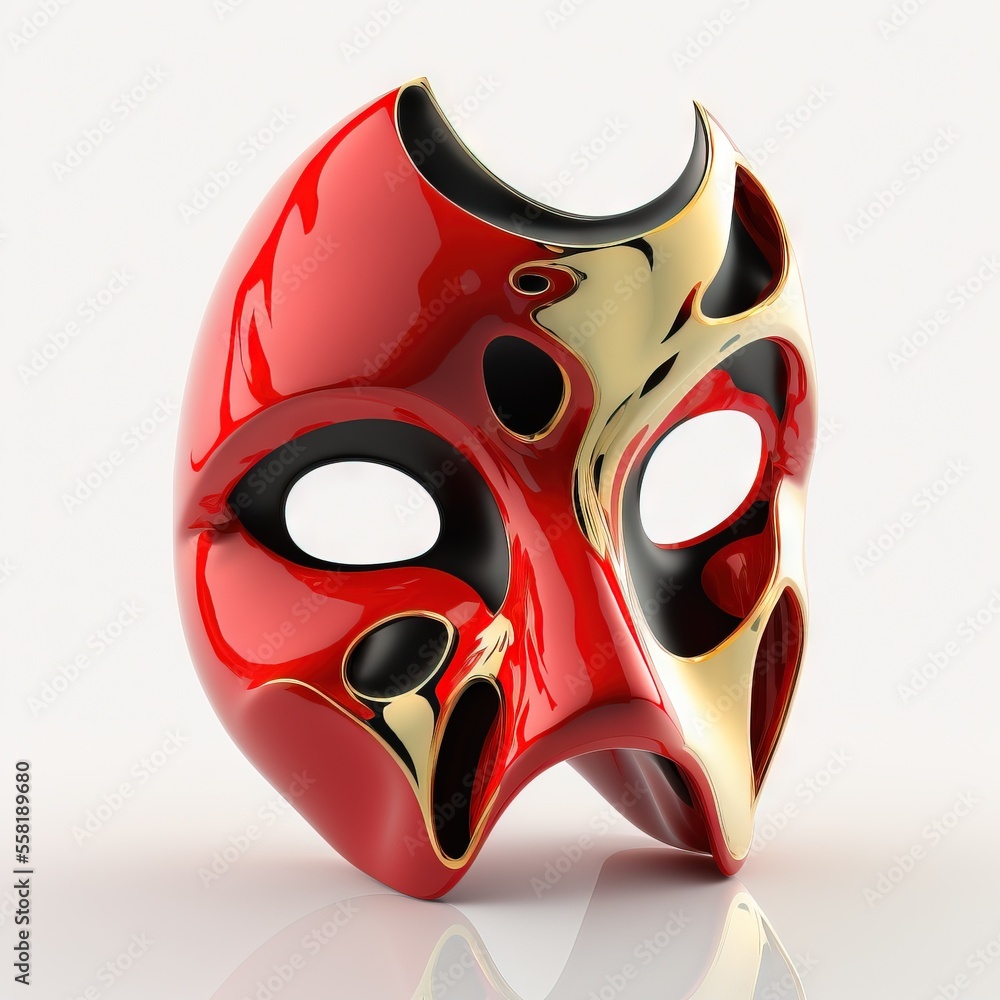 Poster a red mask with black and gold details on a white background with a reflection of the mask on the fl