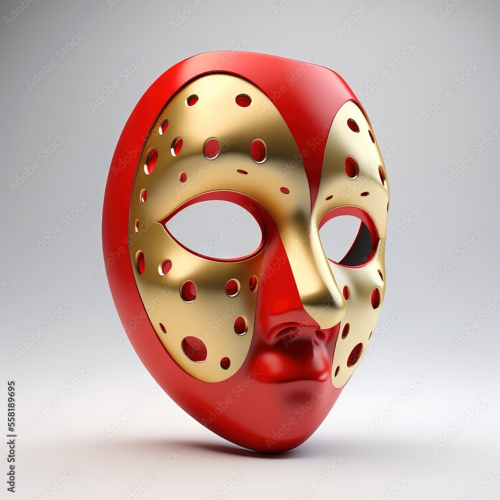 Poster a red and gold mask with holes on it's face and a red heart on the bottom of the mask, with a gray b