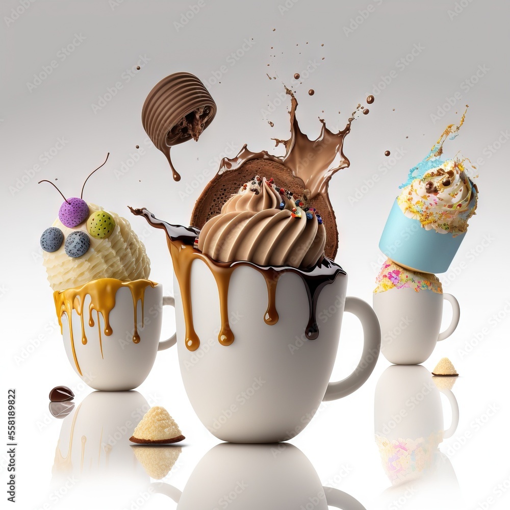 Aufkleber a group of three cups filled with different types of ice cream and desserts on top of each other wit