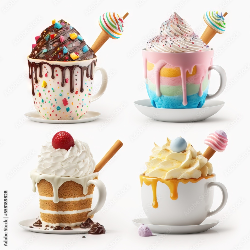 Poster a group of four different kinds of ice creams and desserts in different designs and colors on a whit