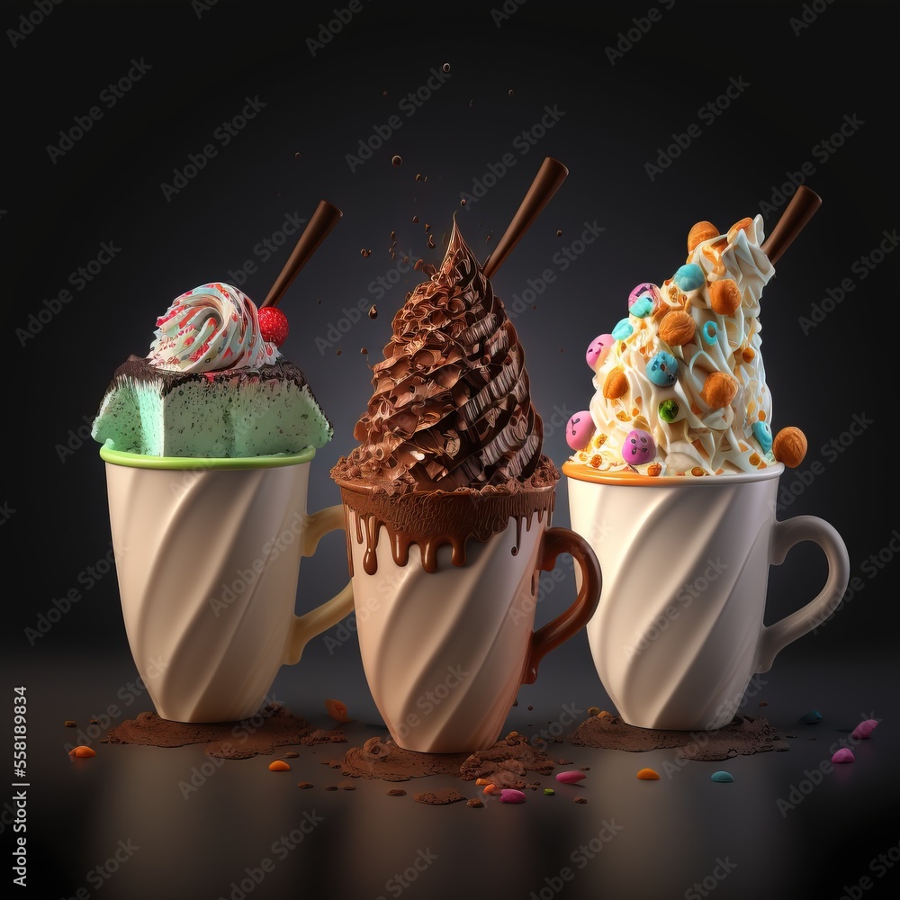 Poster three cups of different kinds of ice cream and desserts in them with chocolate sprinkles and sprinkl
