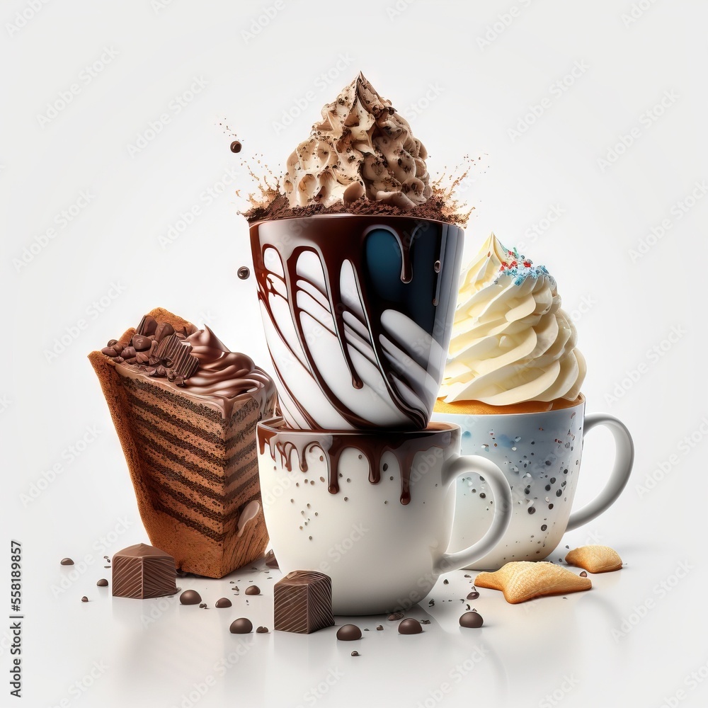Poster a stack of cups filled with different types of desserts and desserts on top of each other with choco