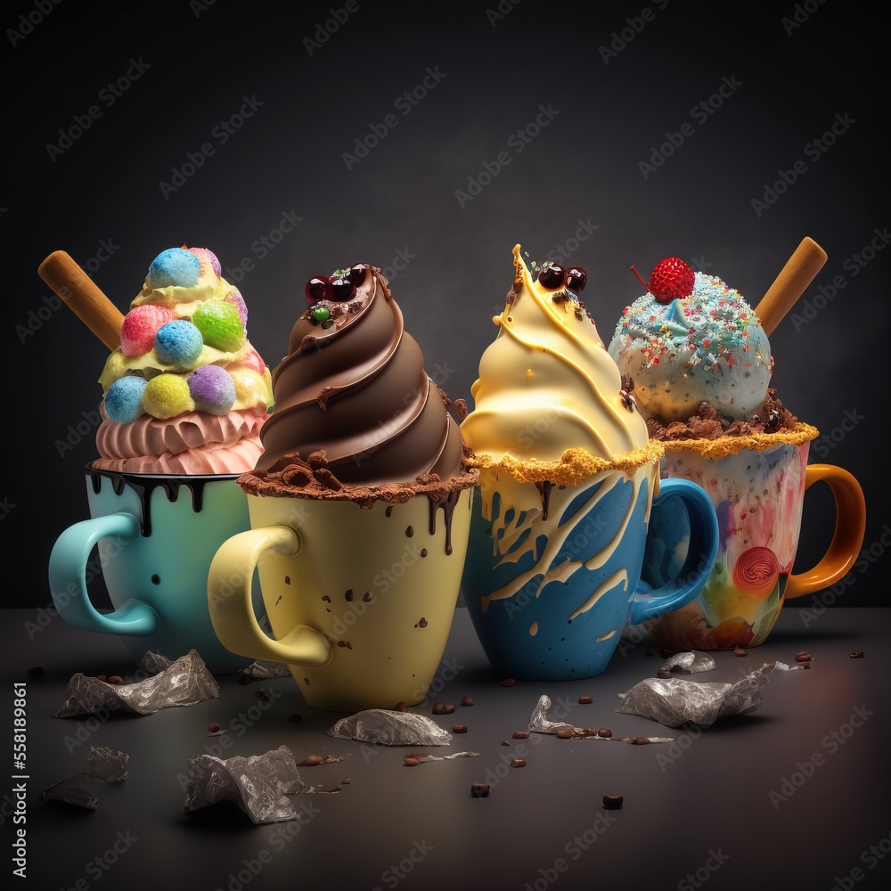 Poster a group of three cups filled with different types of ice creams and toppings on top of each cup and 