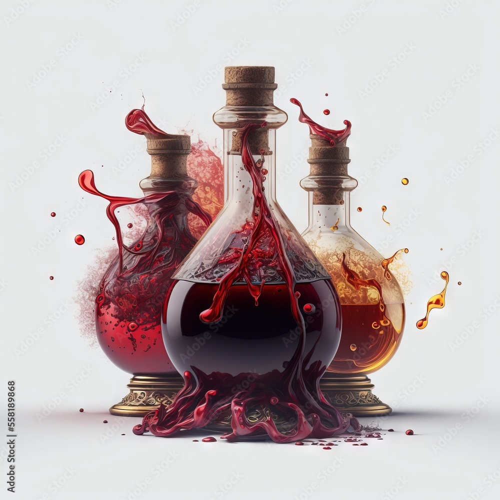 Poster a group of three bottles filled with liquid and liquid pouring out of the top of them, with a splash