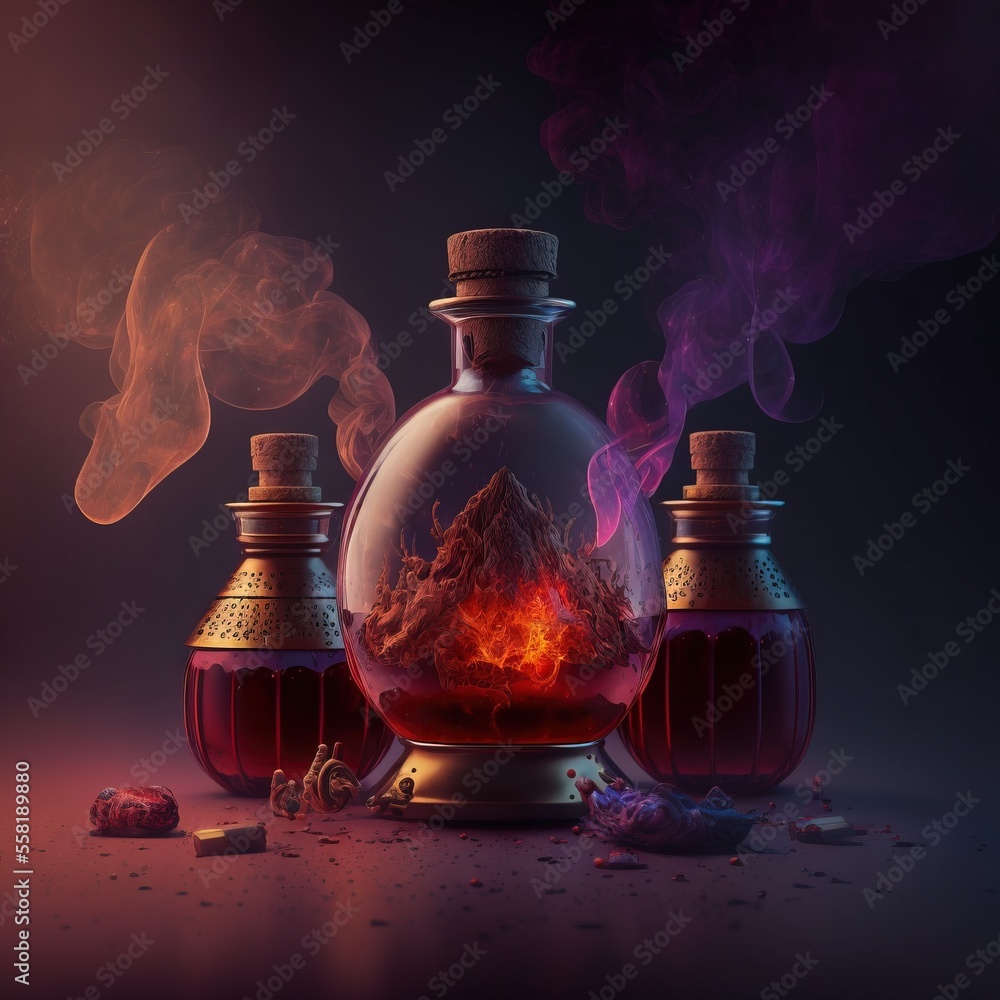 Poster a bottle with a fire inside of it surrounded by other bottles with smoke coming out of it on a dark 