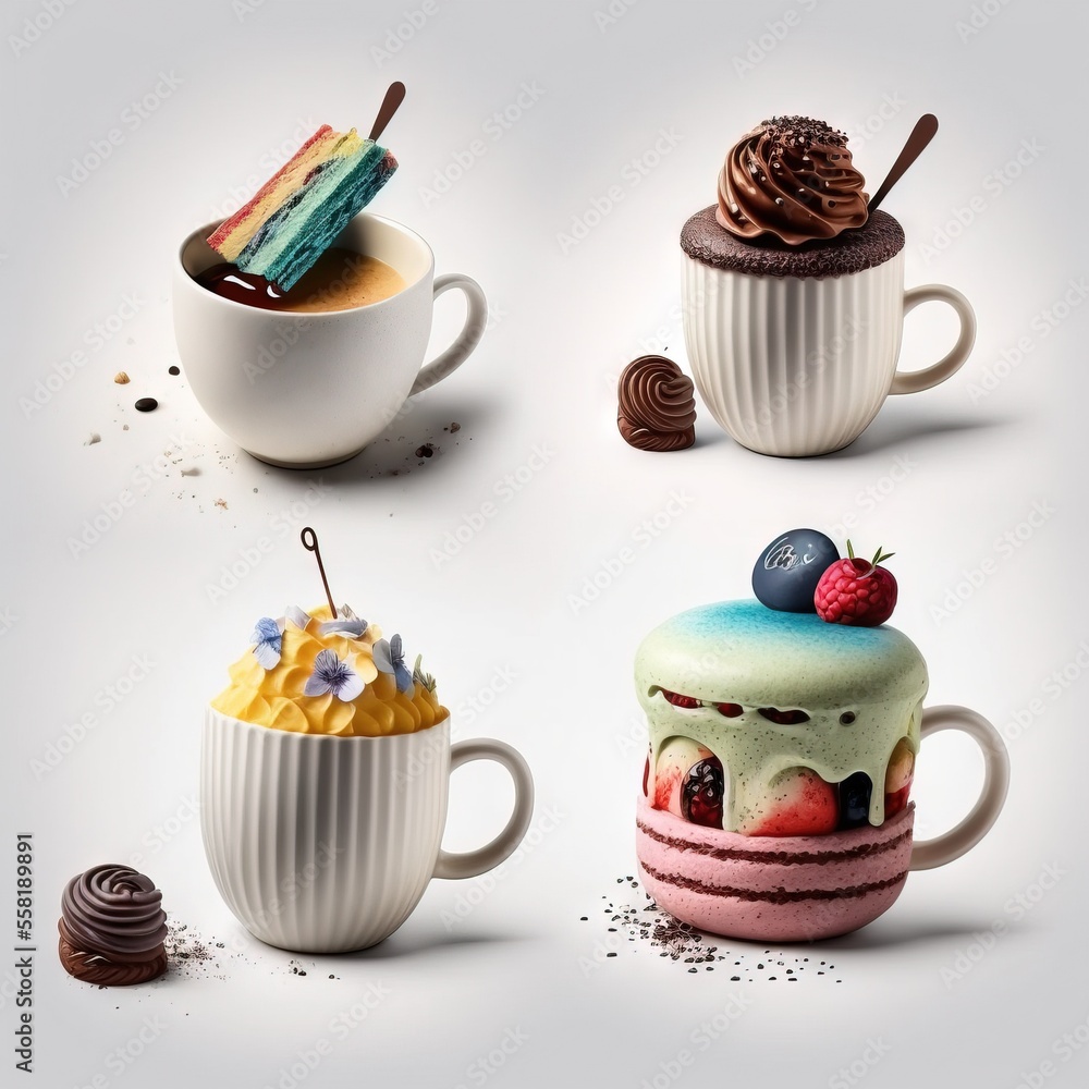 Poster a group of four different kinds of desserts in mugs with spoons and spoons next to each other on a w