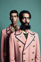 Abstract pink coat portrait of a modern fashion men, two men in vintage suit. Minimal pastel soft colors. Illustration. Generative AI.