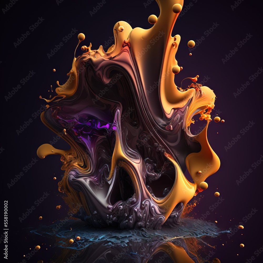 Poster a liquid painting with a black background and yellow and purple swirls on the bottom of the image an