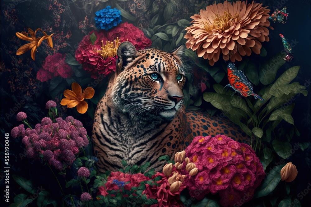 Poster a painting of a tiger surrounded by flowers and a butterfly on a dark background with a butterfly on