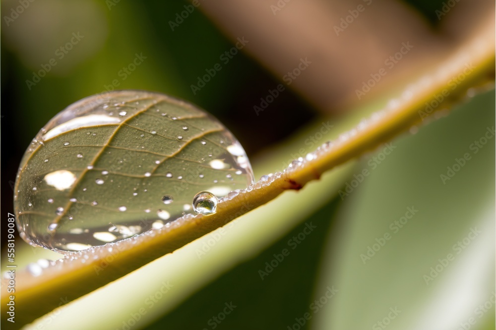 Poster a close up of a leaf with water droplets on it's surface and a green leaf in the background with a b