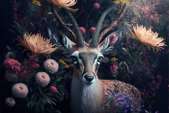  a painting of a deer surrounded by flowers and plants with a dark background with a white stag standing in the middle of the flowers and a dark background with a few pi Generative AI