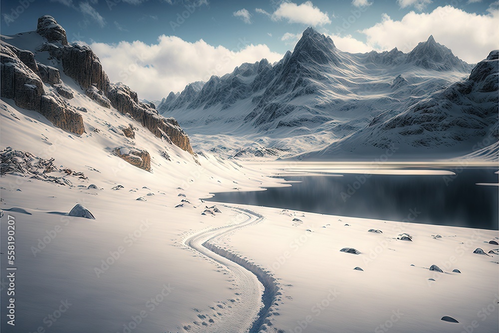 Poster a snow covered mountain with a lake and a trail leading to it and a few rocks on the ground below it and a few snow covered mountains in the distance, with a few clouds., generative ai