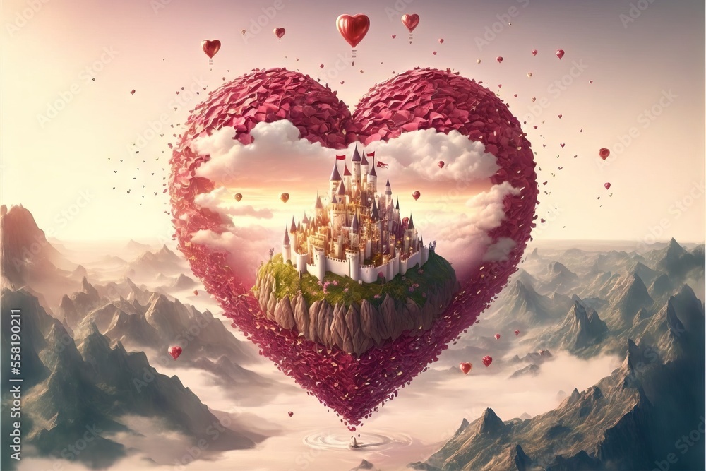Poster a heart shaped castle in the middle of a mountain with balloons floating around it and a sky backgro
