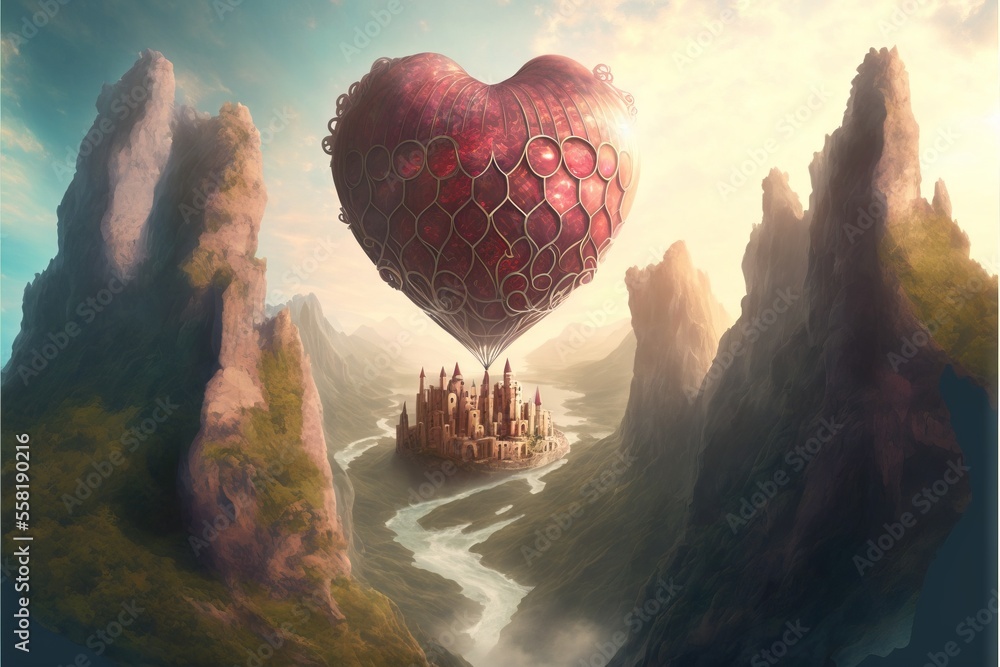 Poster a heart shaped balloon flying over a mountain range with a castle in the middle of the sky and a riv