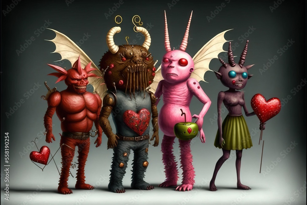 Poster a group of cartoon characters standing next to each other on a gray background with a red heart in t
