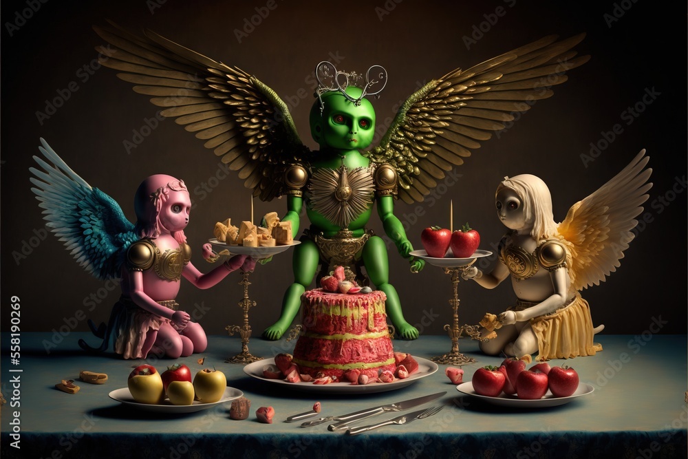 Poster a table topped with a cake covered in green and red frosting next to two winged figurines and a plat