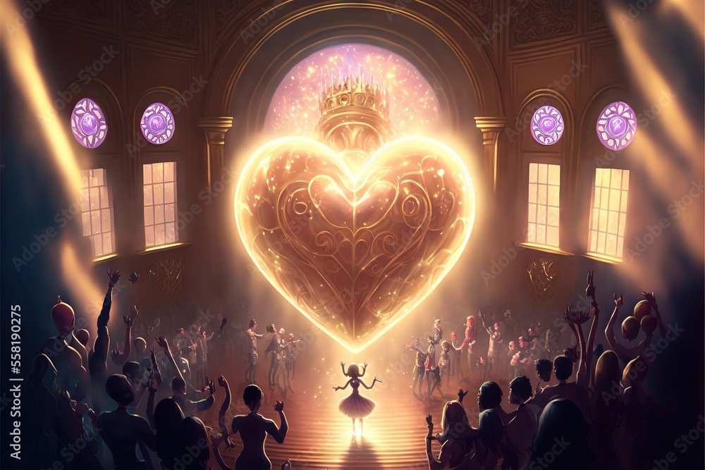 Poster a heart - shaped object is surrounded by a crowd of people in front of a stage with a large heart su