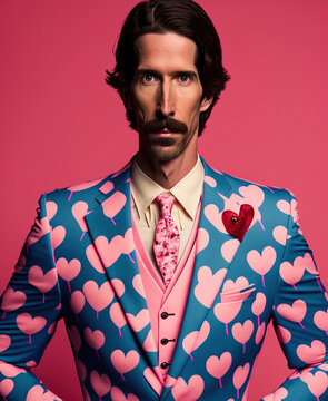 Illustrated man with a mustache in an abstract, colorful, heart suit that is like a Valentine's Day costume. Pink background. Illustration. Generative AI.