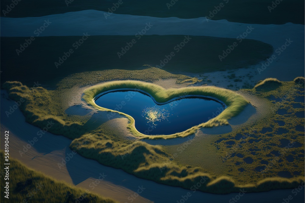 Poster a heart shaped lake in the middle of a green field with a tree in the middle of the lake and a small