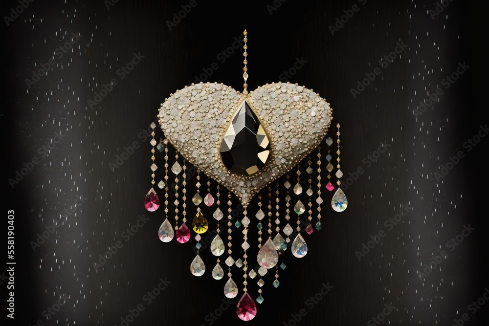 Poster a heart shaped object with a chain hanging from it's side and a heart shaped decoration hanging from