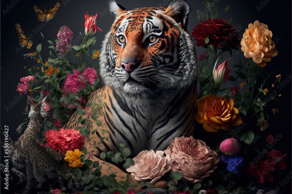 Poster a painting of a tiger surrounded by flowers and a bird on a black background with a butterfly on the