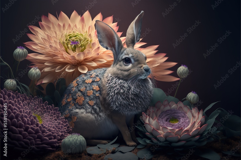 Poster a digital painting of a rabbit sitting in a field of flowers with a butterfly on its back and a flow