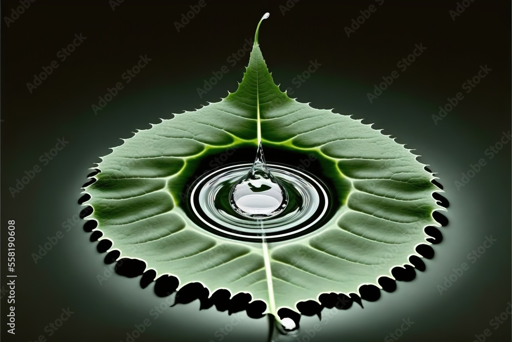 Poster a green leaf with a drop of water on it's side and a black background with a white circle in the mid