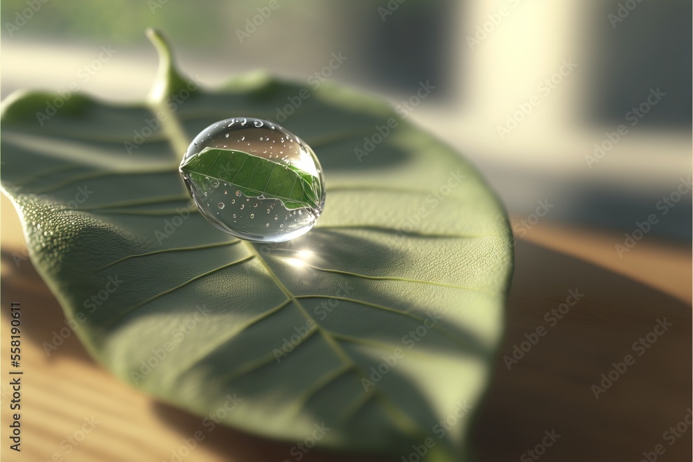 Poster  a water droplet sitting on top of a leaf on top of a wooden table with a window in the background of the image and a blurry background of the leaf and the water droplet. Generative AI