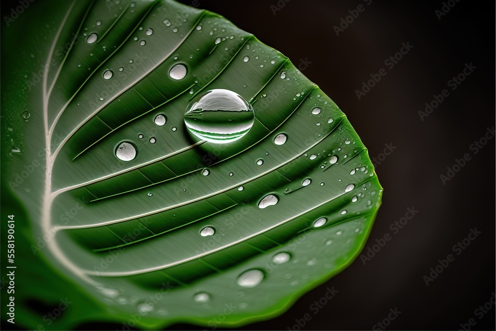 Poster a green leaf with water droplets on it's leaves surface, with a black background and a black backgro