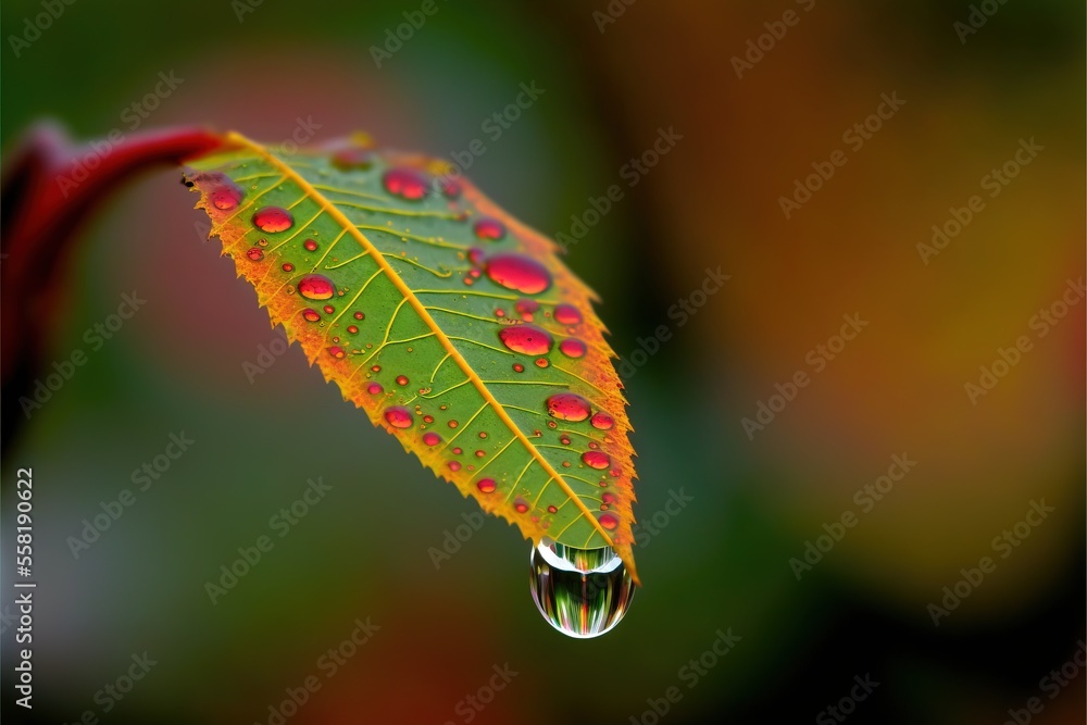 Poster a green leaf with red drops of water hanging from it's side on a stem with a blurred background of g