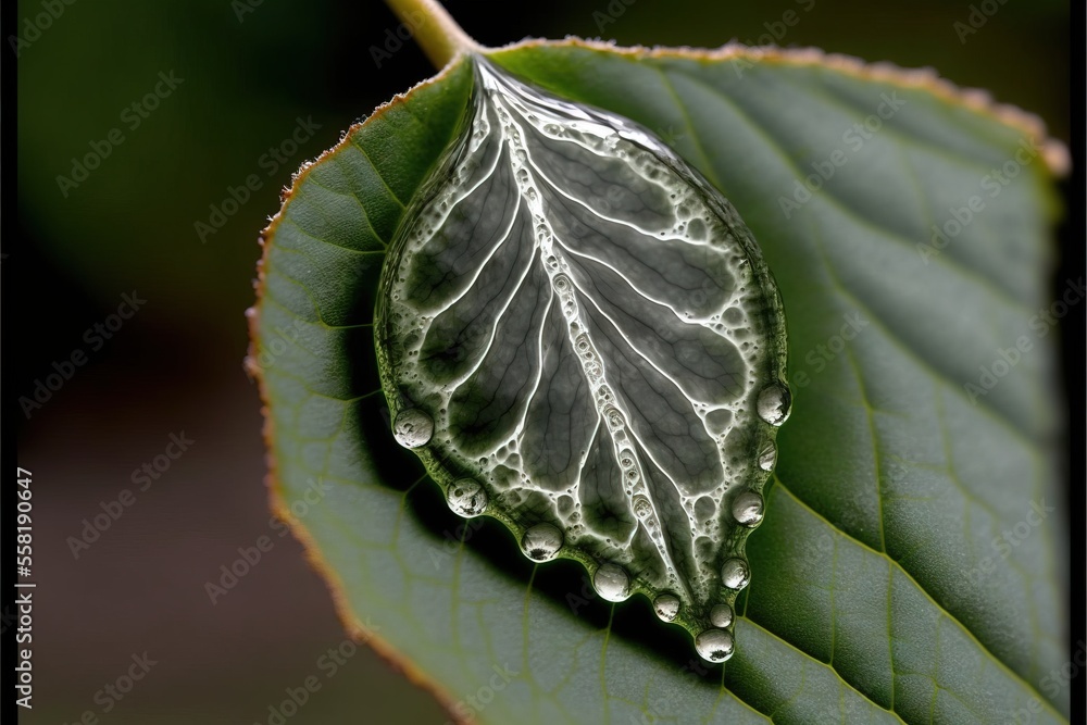 Poster a leaf with water drops on it sitting on a green leaf with a dark background and a black frame aroun