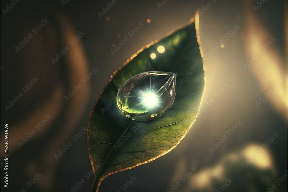 Poster a green leaf with a water drop on it's end and a light shining on the top of the leaf and the bottom