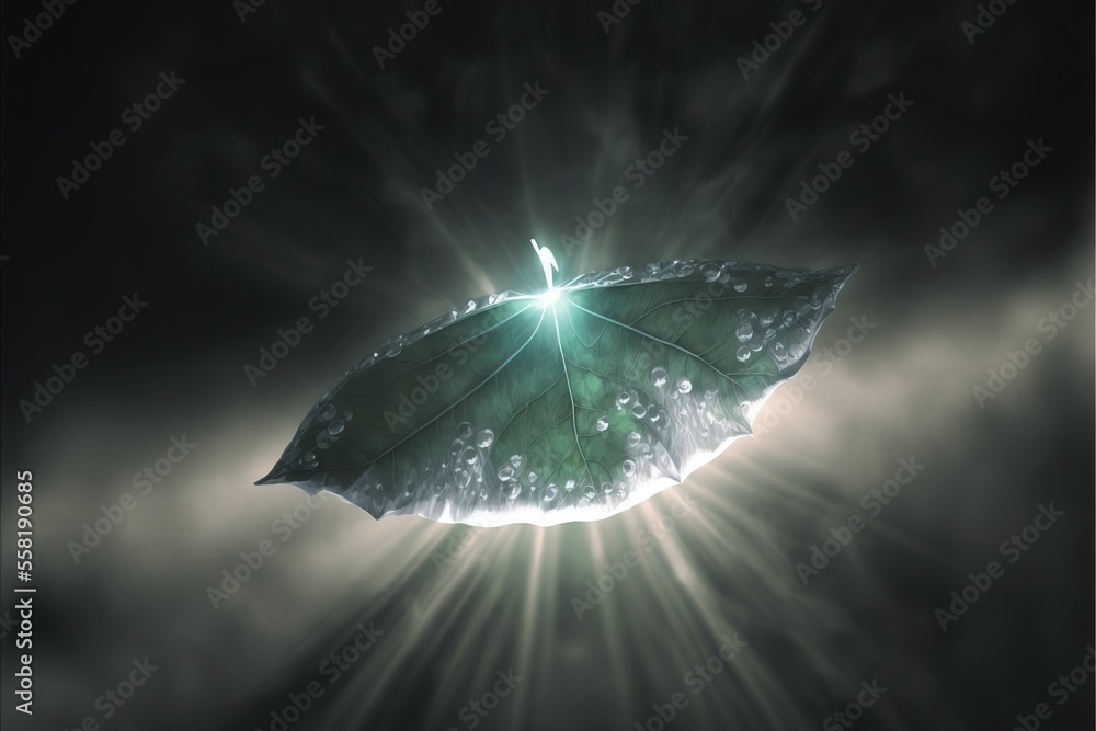 Poster a green leaf with water droplets on it in a dark sky with a bright light coming from behind the leaf